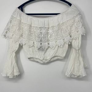 CALL ME EDEN WHITE WITH LACE CUTOUT DESIGN BELL SLEEVE CROPPED TOP MEDIUM